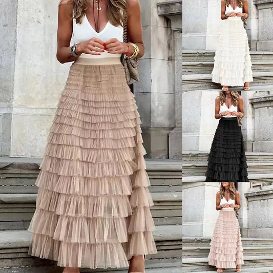 Pleated Long Ruffle Mesh Lace Maxi Style Skirt