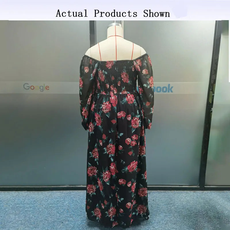 Off-Shoulder V Neck Lantern Sleeve Floral Printed Slit Dress