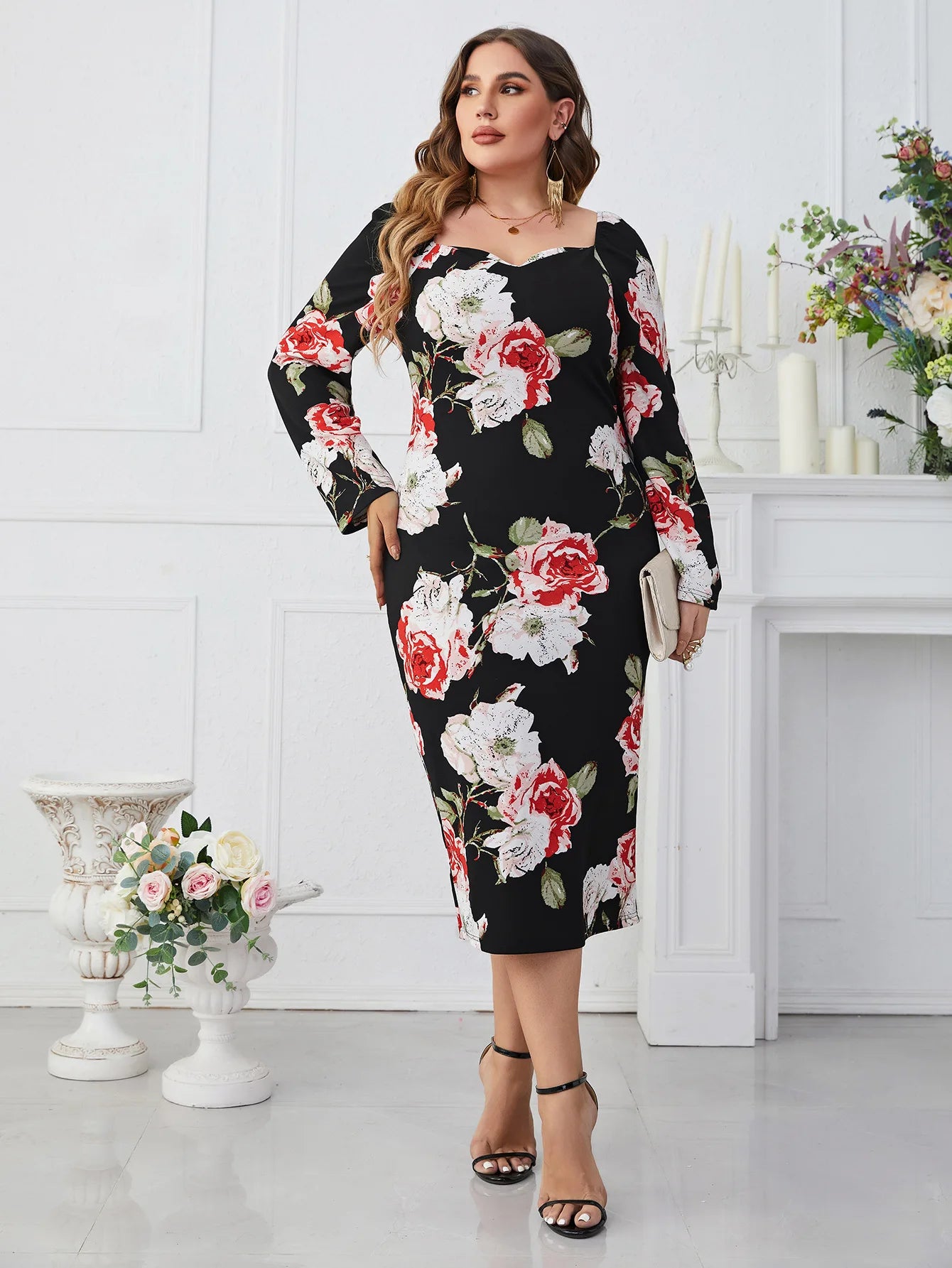 Flower Printed Square Collar Wrap Midi Dress