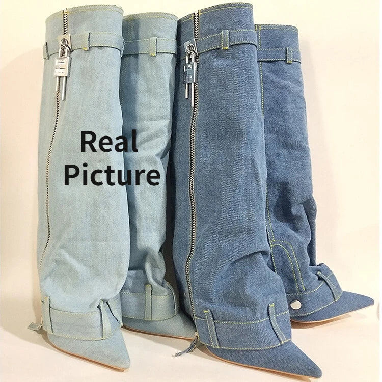2024 Fashion Metal Buttons Pants Denim Knee Boots