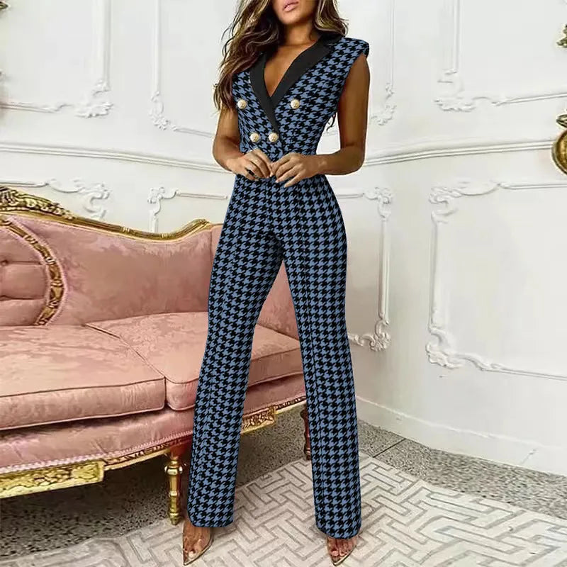 V-neck Sleeveless Plover Straight Leg Jumpsuit