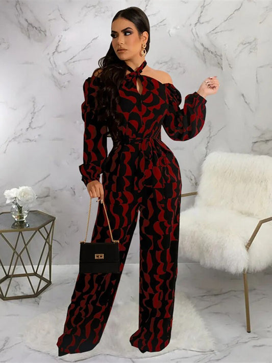 Print Off Shoulder Halter Neck Full Sleeve Jumpsuit