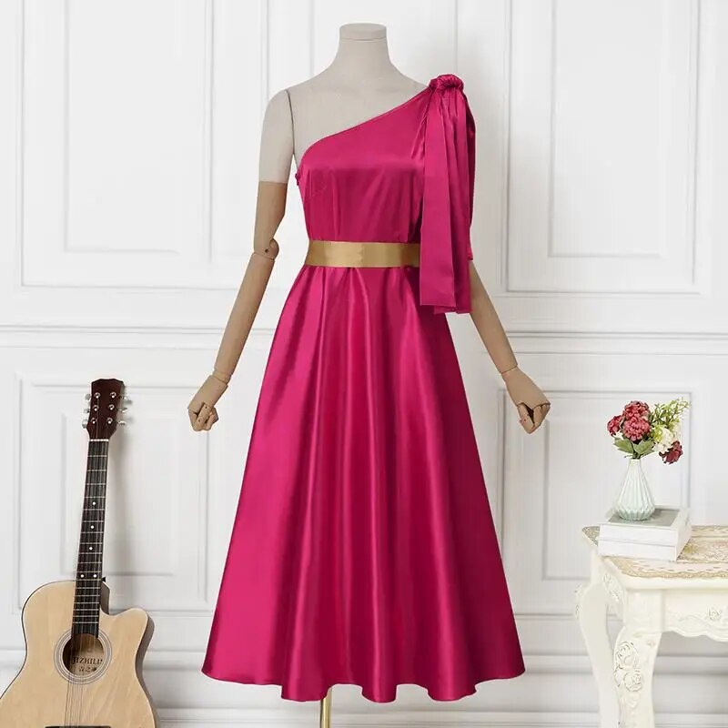 Off Shoulder Satin Belted Sleeveless Dress