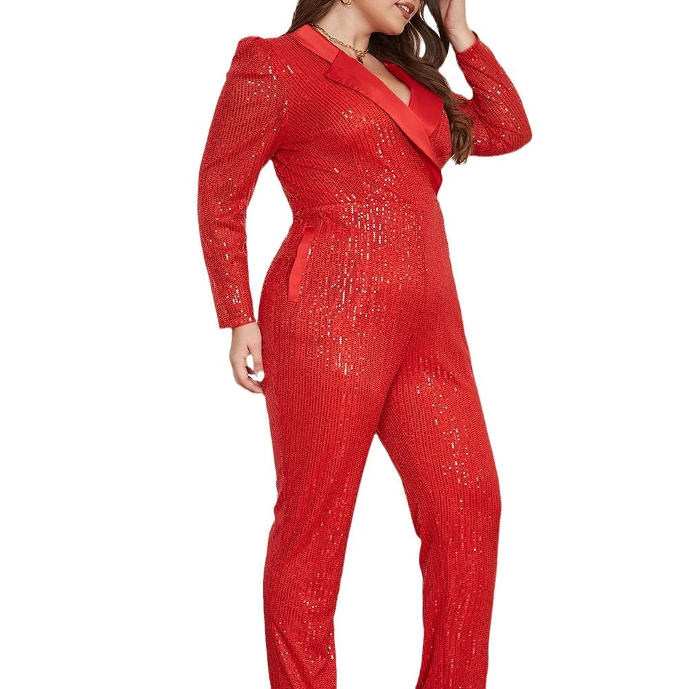 Sequins Lapel Long Sleeve Jumpsuit