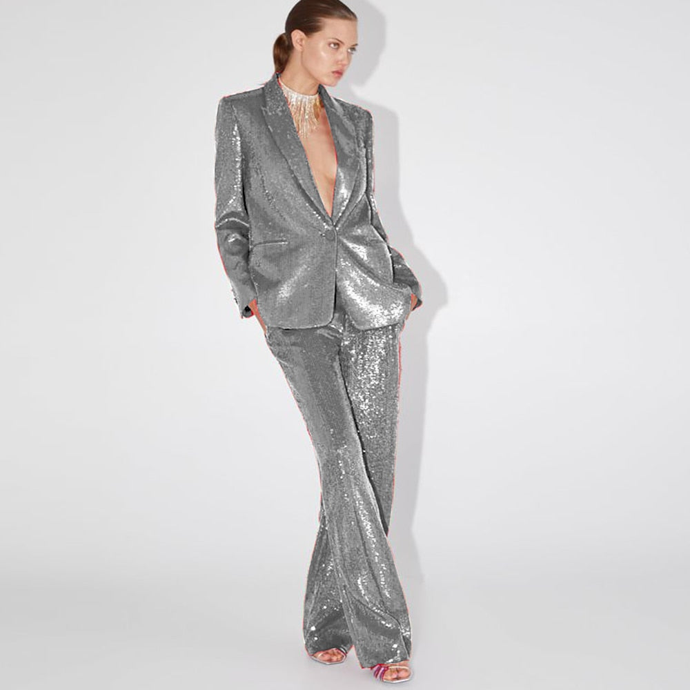 Two-piece Sequins Deep V-Neck Blazer And Pants Set