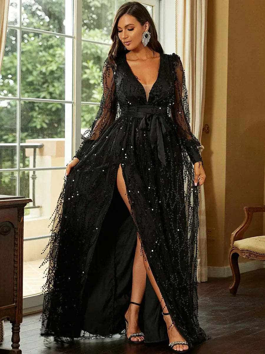 Sequin Mesh Long Sleeve High Slit Maxi Evening Dress