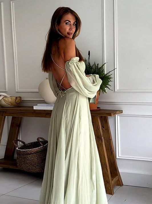 Elegant Long Sleeves A-line Robe Hollow Maxi Dress