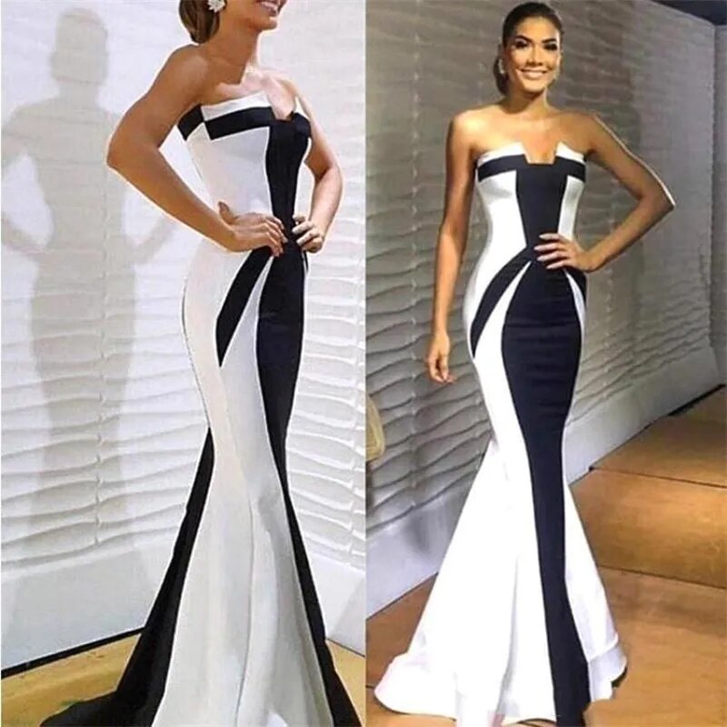 Elegant Black and White Satin Strapless Ruched Evening Dress