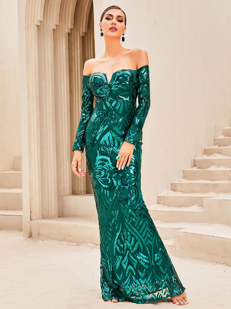 Off Shoulder Long Sleeve Slim Evening Maxi Dress