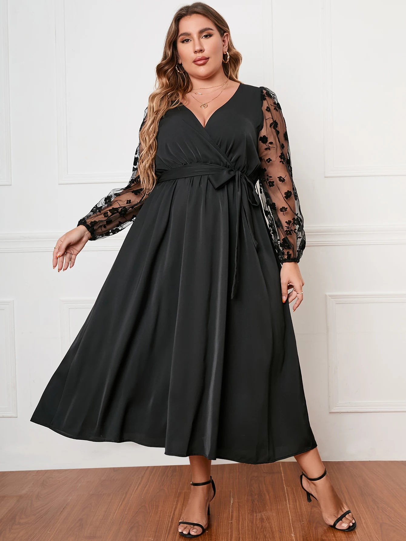 Deep V Lace Long Sleeve Tie Waist Dress