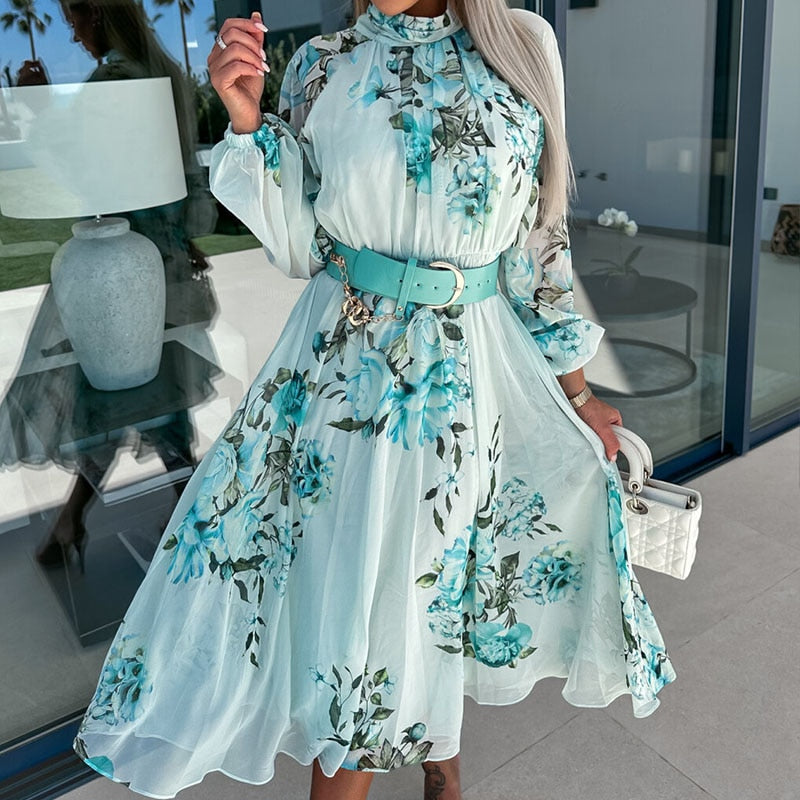 Bohemian Floral Print Casual O-Neck Long Sleeve Pleated Chiffon Dress With Belt