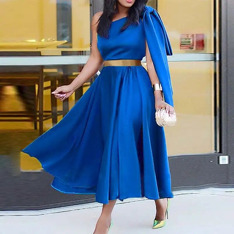 Off Shoulder Satin Belted Sleeveless Dress