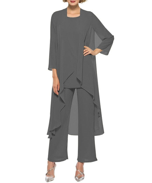 Chiffon Pleated Three Piece Blazer Blouse and Pants Dress Suit