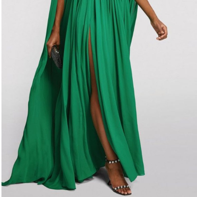 Deep V-Neck High Waist Long Sheer Slit Sleeve Thigh Slit Maxi Dress