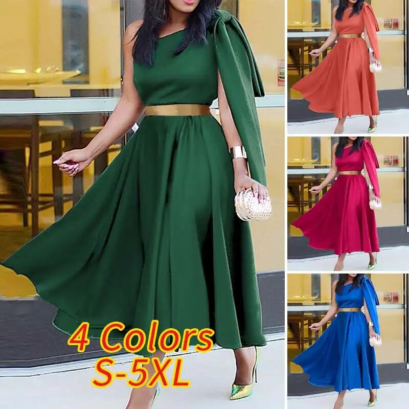 Off Shoulder Satin Belted Sleeveless Dress