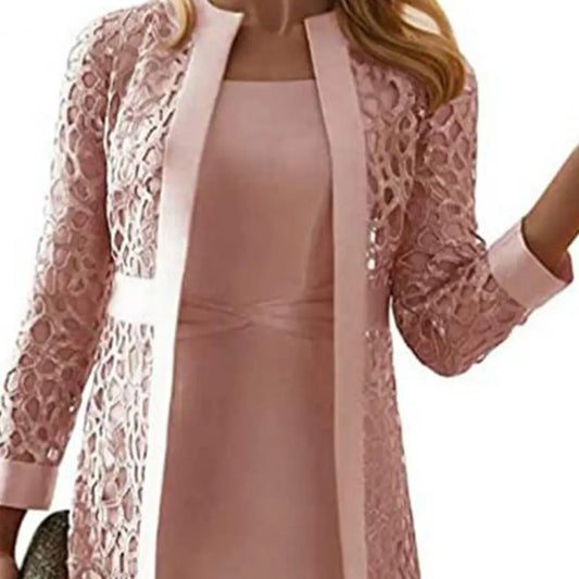 Elegant Two Piece Lace Cardigan Long Sleeve Knee-length Dress Set