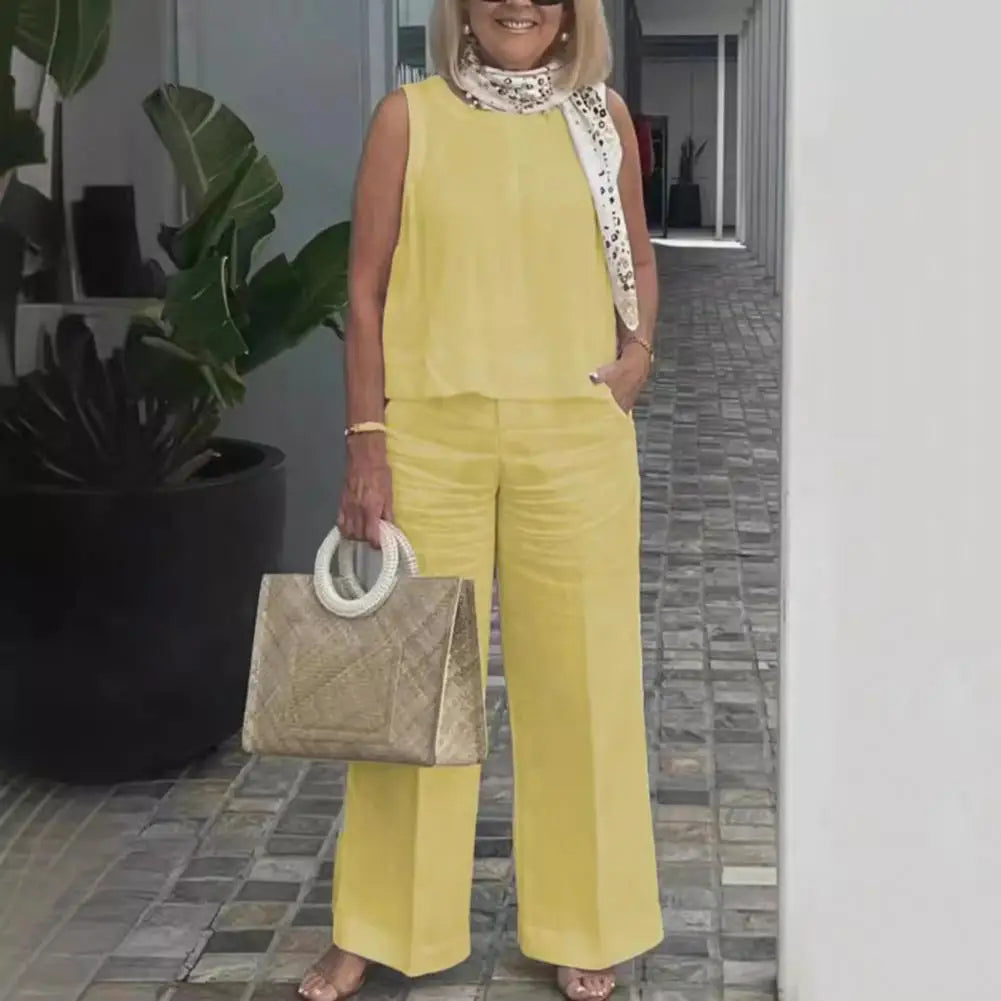 Casual O Neck Top And Wide Leg Trousers Set