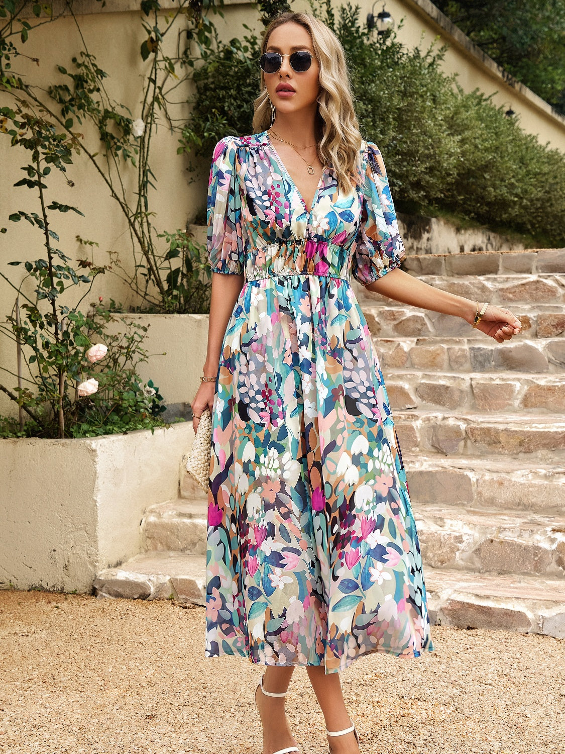 Smocked Printed V-Neck Half Sleeve Midi Dress