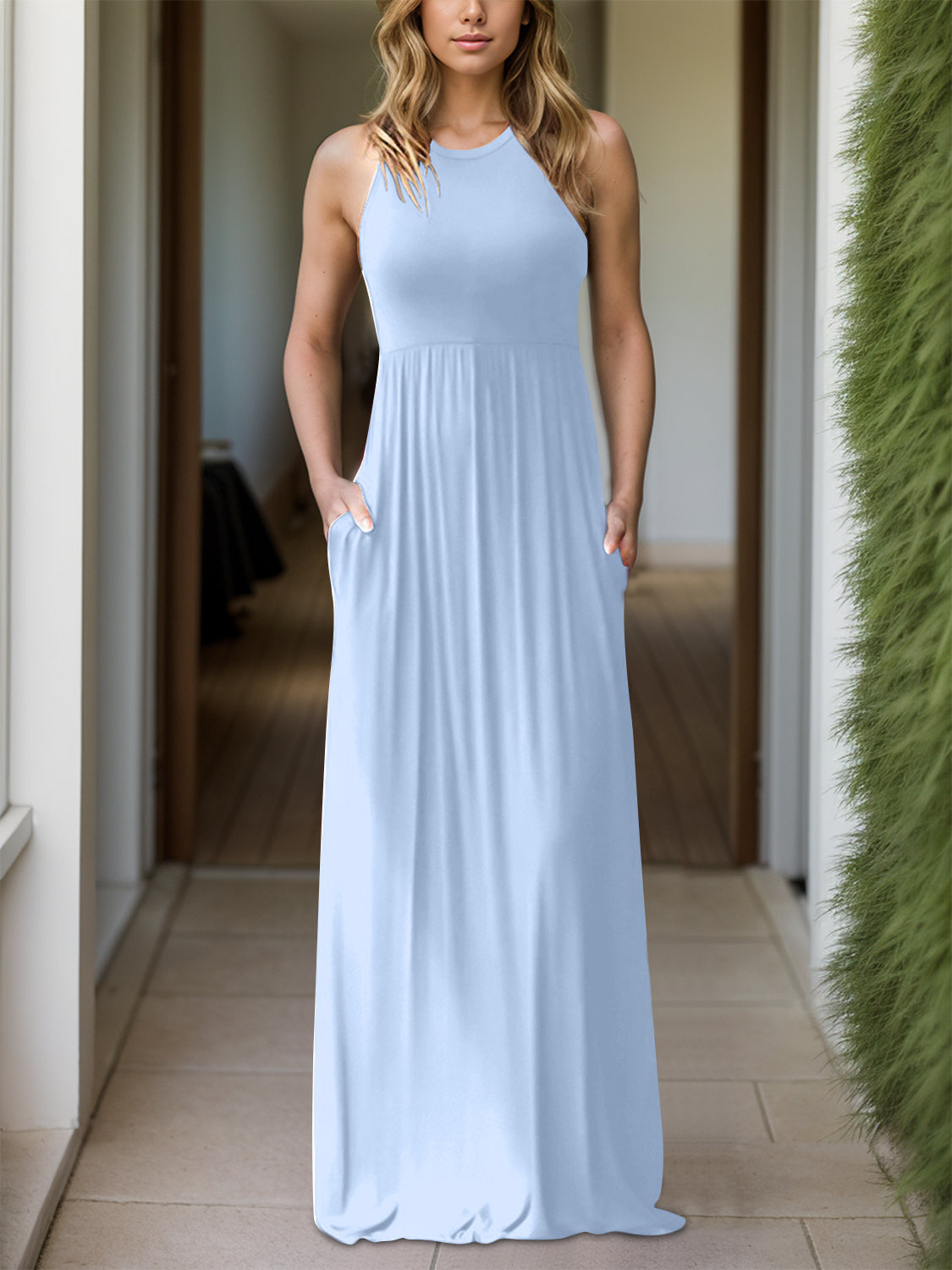 Grecian Neck Dress with Pockets