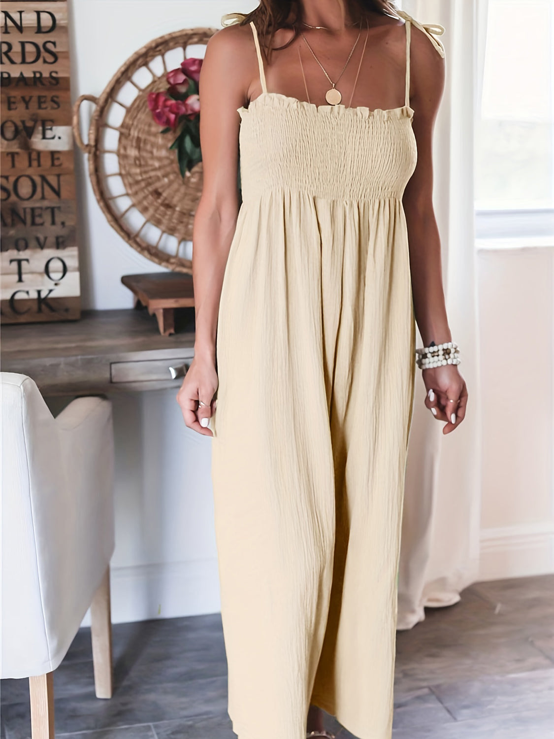 Smocked Spaghetti Strap Wide Leg Jumpsuit