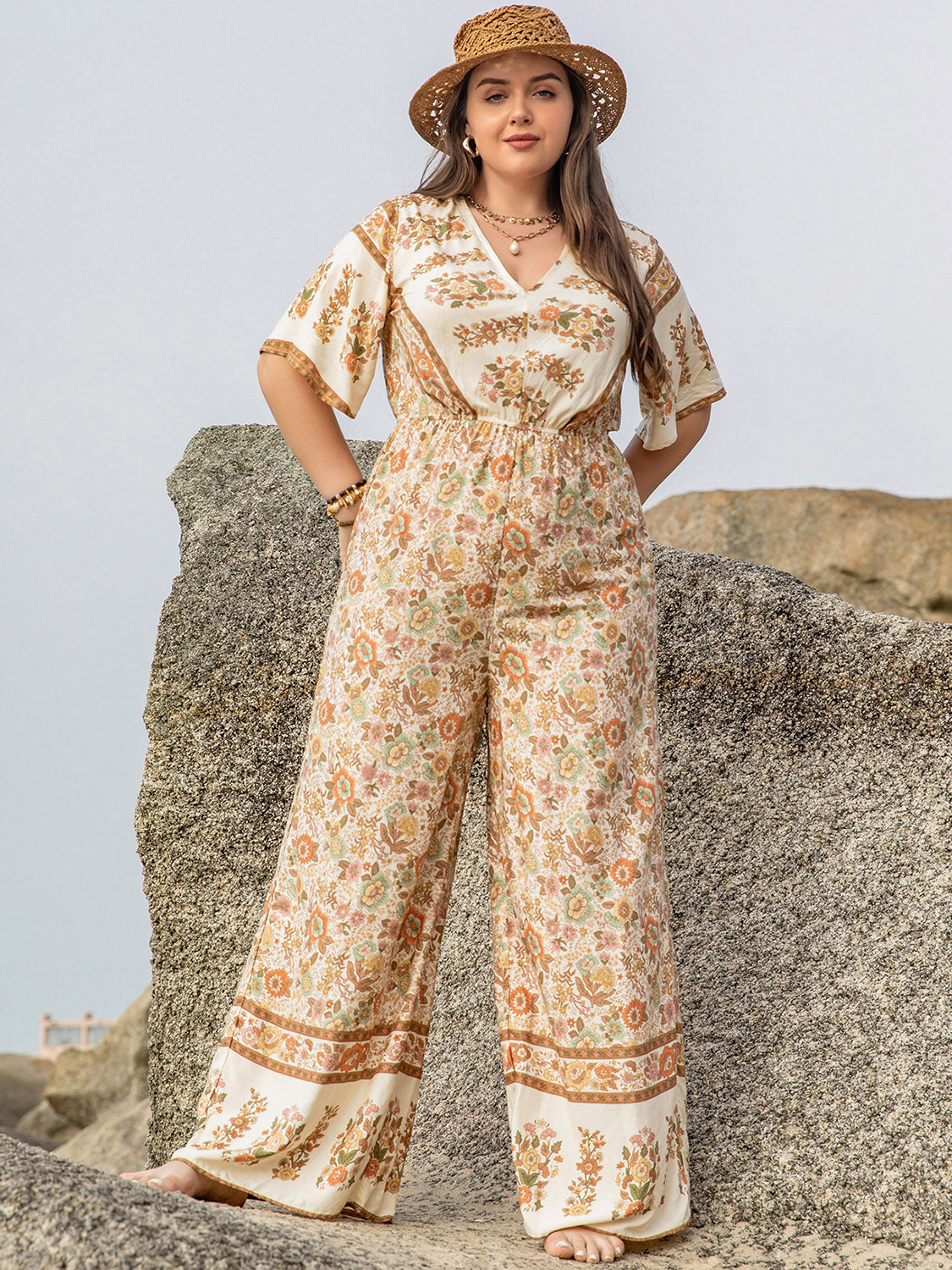 V-Neck Flutter Sleeve Wide Leg Jumpsuit