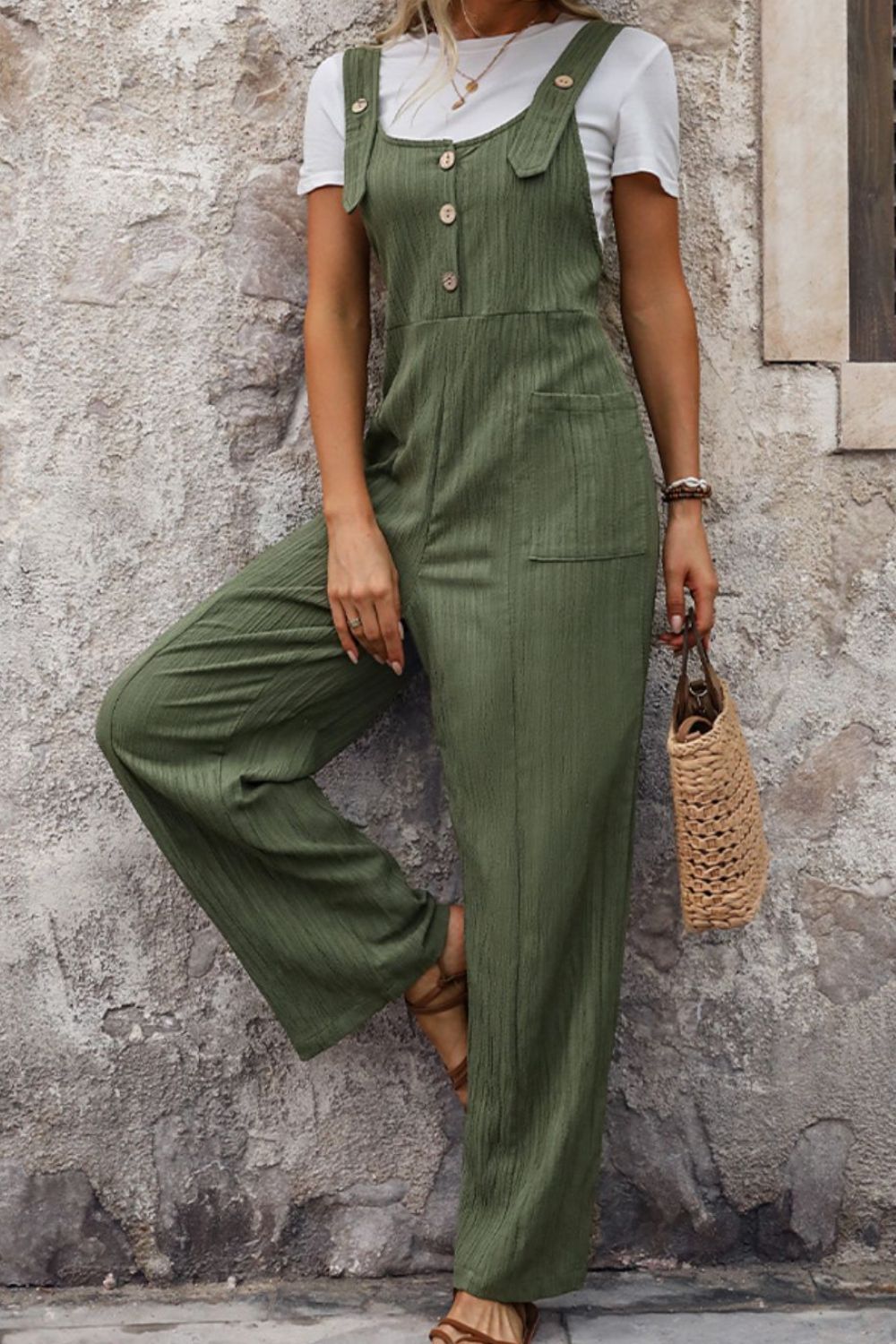 Textured Pocketed Wide Strap Overalls