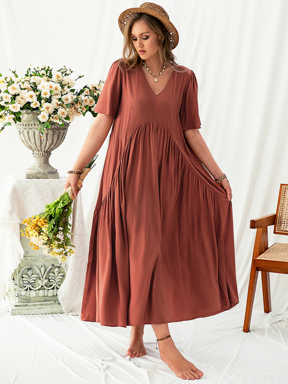 V-Neck Flutter Sleeve Midi Dress