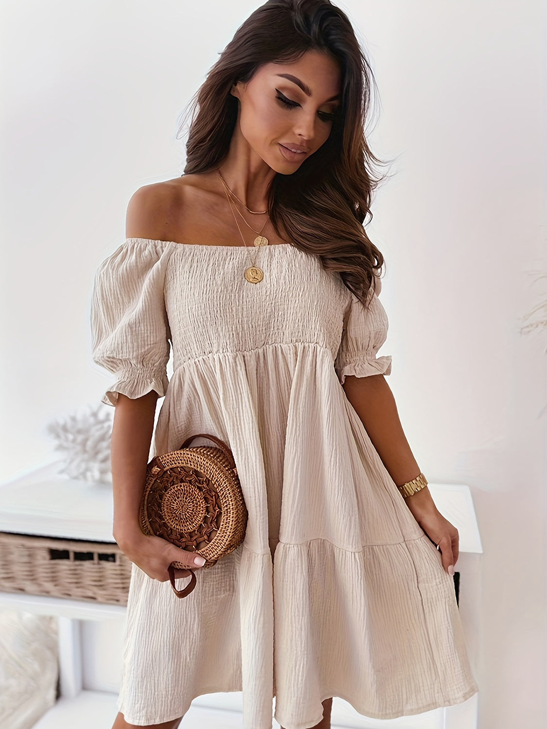 Ruffled Off-Shoulder Short Sleeve Dress