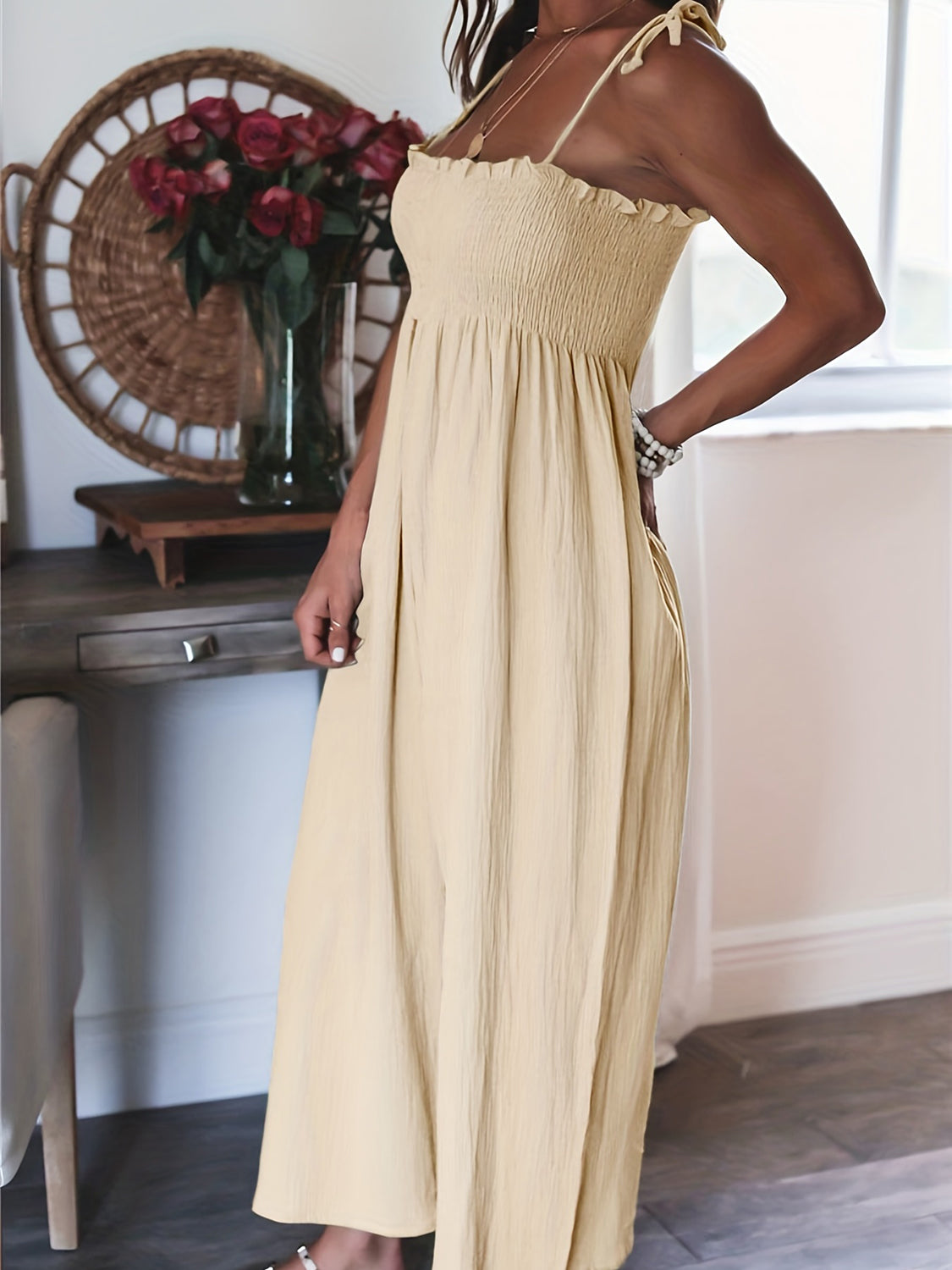 Smocked Spaghetti Strap Wide Leg Jumpsuit