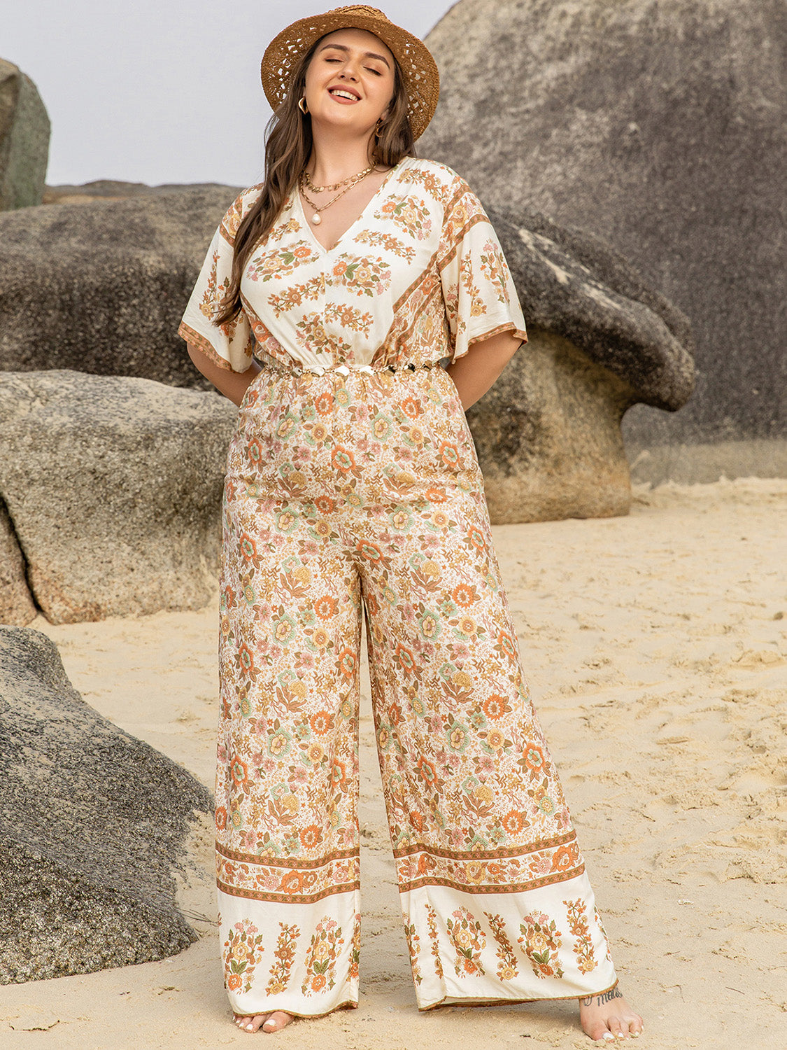 V-Neck Flutter Sleeve Wide Leg Jumpsuit