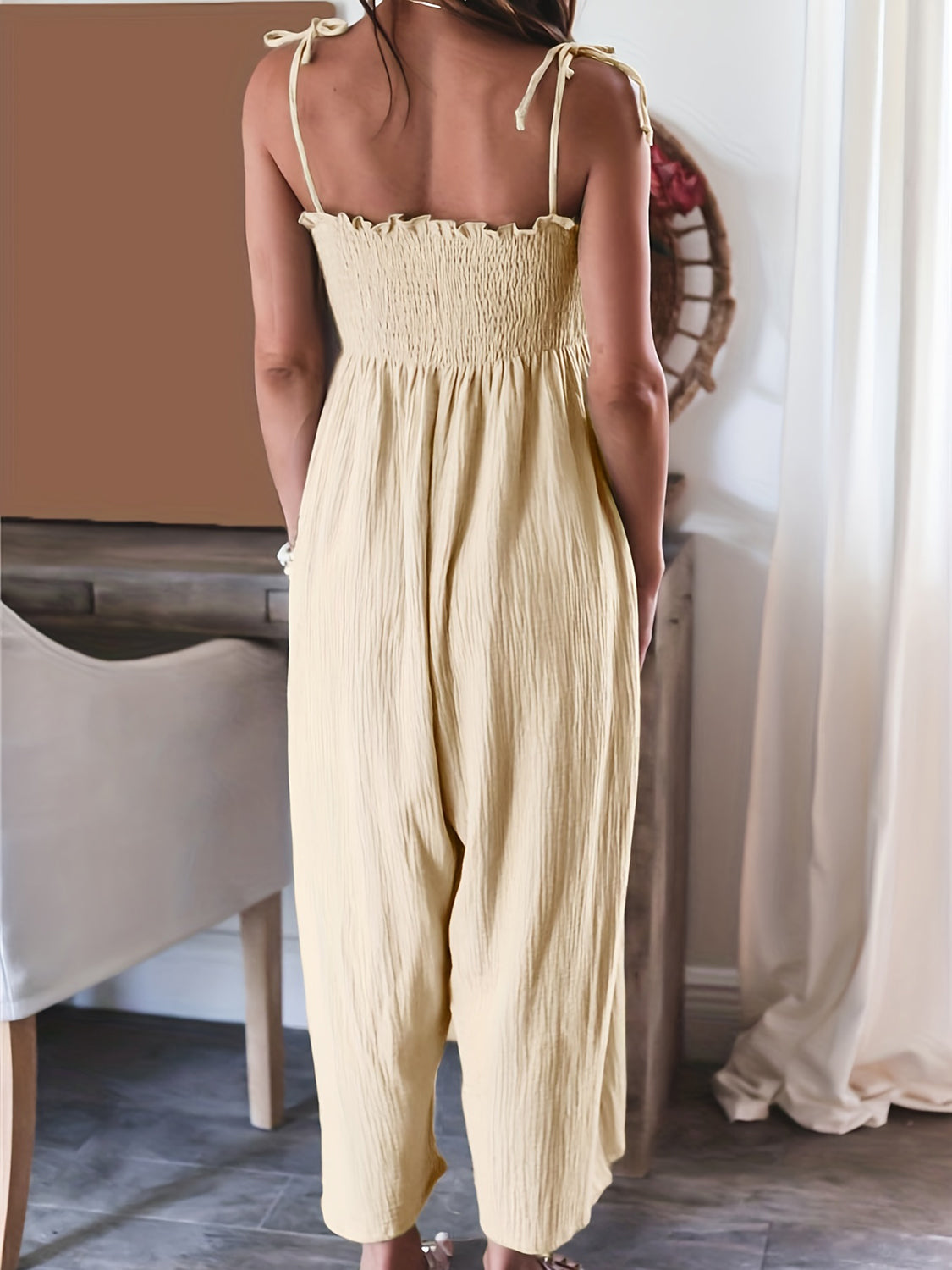 Smocked Spaghetti Strap Wide Leg Jumpsuit