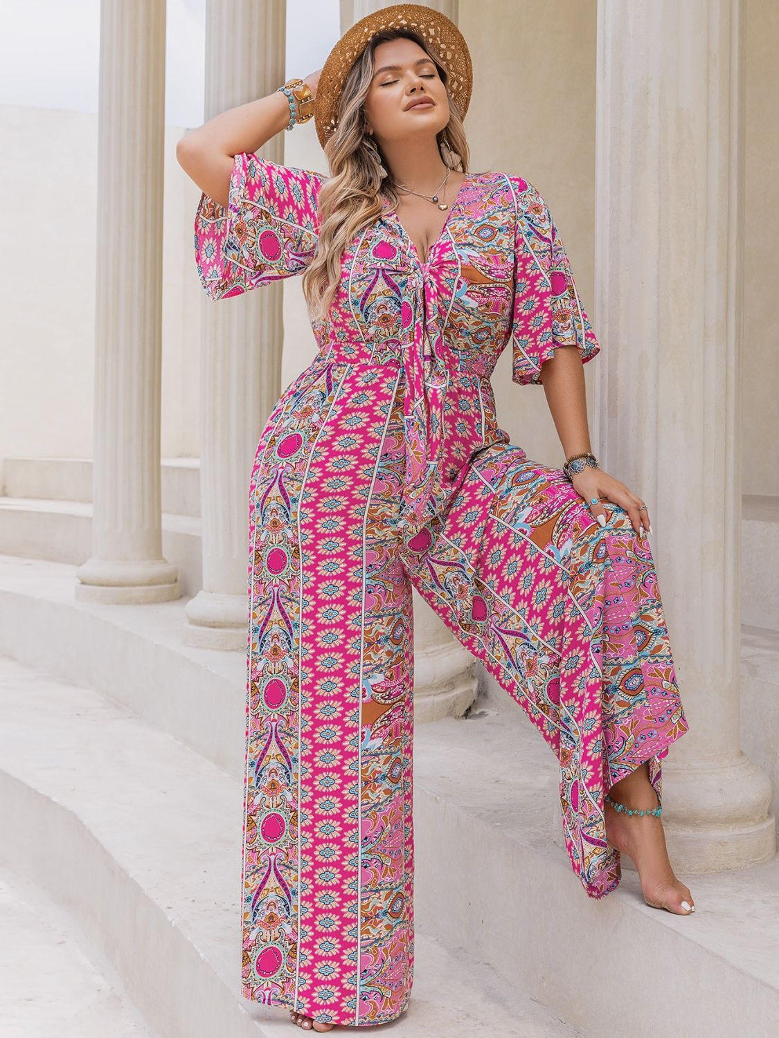 Printed Half Sleeve Wide Leg Jumpsuit