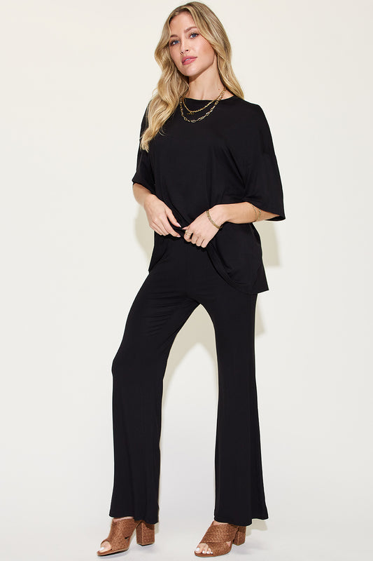 Drop Shoulder T-Top Blouse and Flare Pants Set