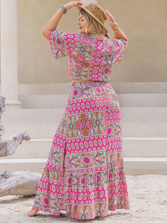 Printed V-Neck Half Sleeve Top and Skirt Set