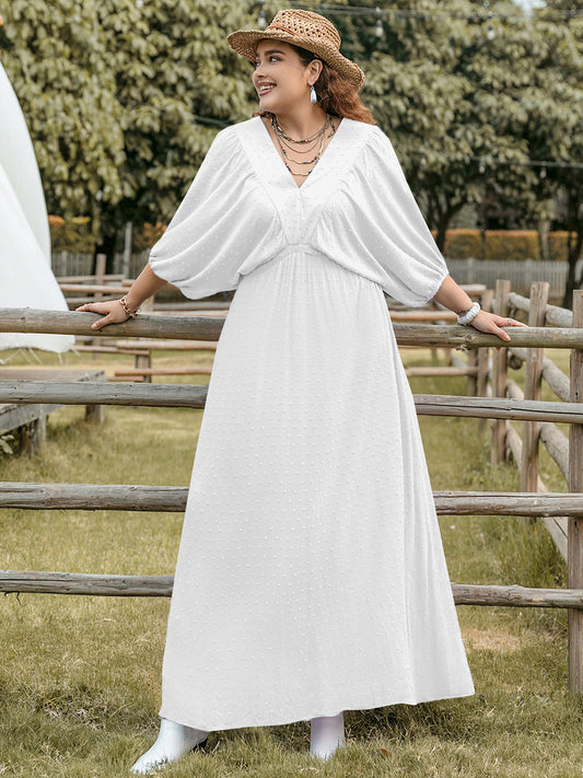 Swiss Dot V-Neck Three-Quarter Sleeve Dress