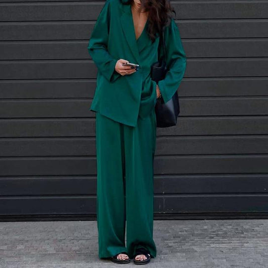 Long Sleeve Blazer Shirt Jacket & Wide Leg Pants Set