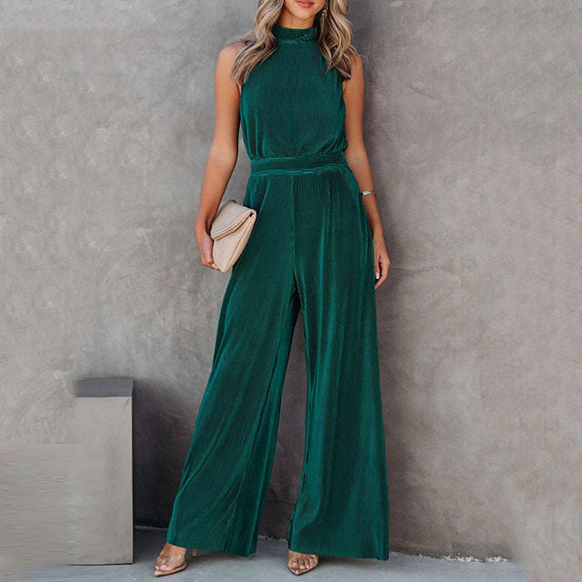 Vintage Velvet Halter Sleeve Wide Leg Jumpsuits