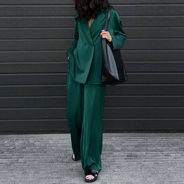 Long Sleeve Blazer Shirt Jacket & Wide Leg Pants Set