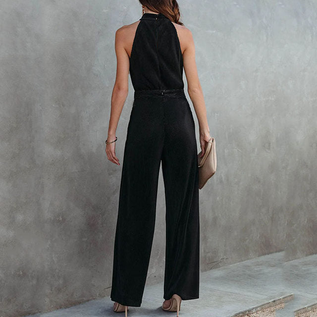 Vintage Velvet Halter Sleeve Wide Leg Jumpsuits