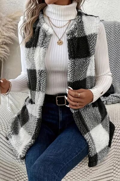 Plaid Open Front Vest Coat