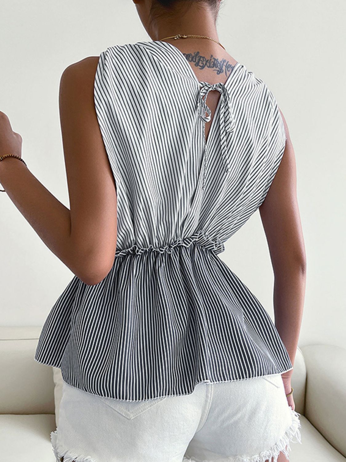 Striped Frill Trim Tied Peplum Blouse