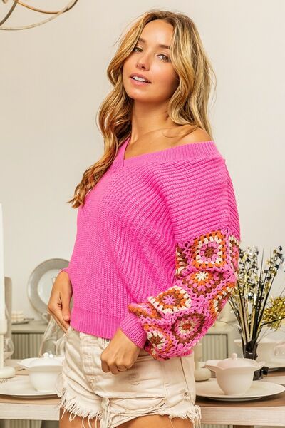 V-Neck Crochet Long Sleeve Sweater