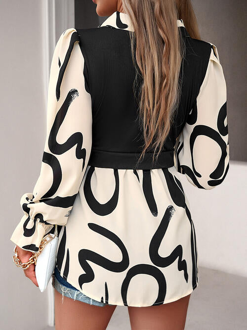 Collared Neck Contrast Print Long Sleeve Shirt