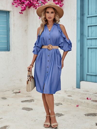 Ruffled Button Up Cold Shoulder Dress