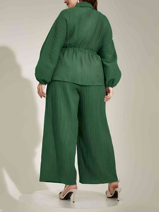 Collared Neck Buttoned Top and Wide Leg Pants Set