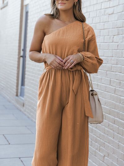 Single Shoulder Tie-Waist Jumpsuit