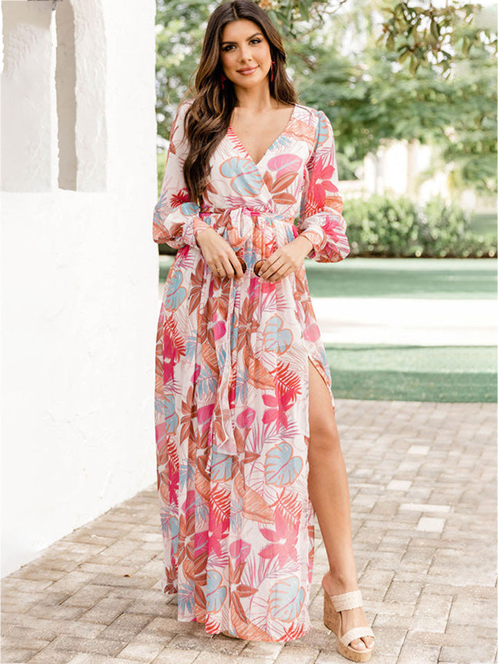 V-Neck Printed Slit Dress