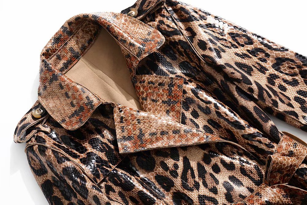 Long Sleeve Lapel Leopard Print  Lace-Up Trench Coat