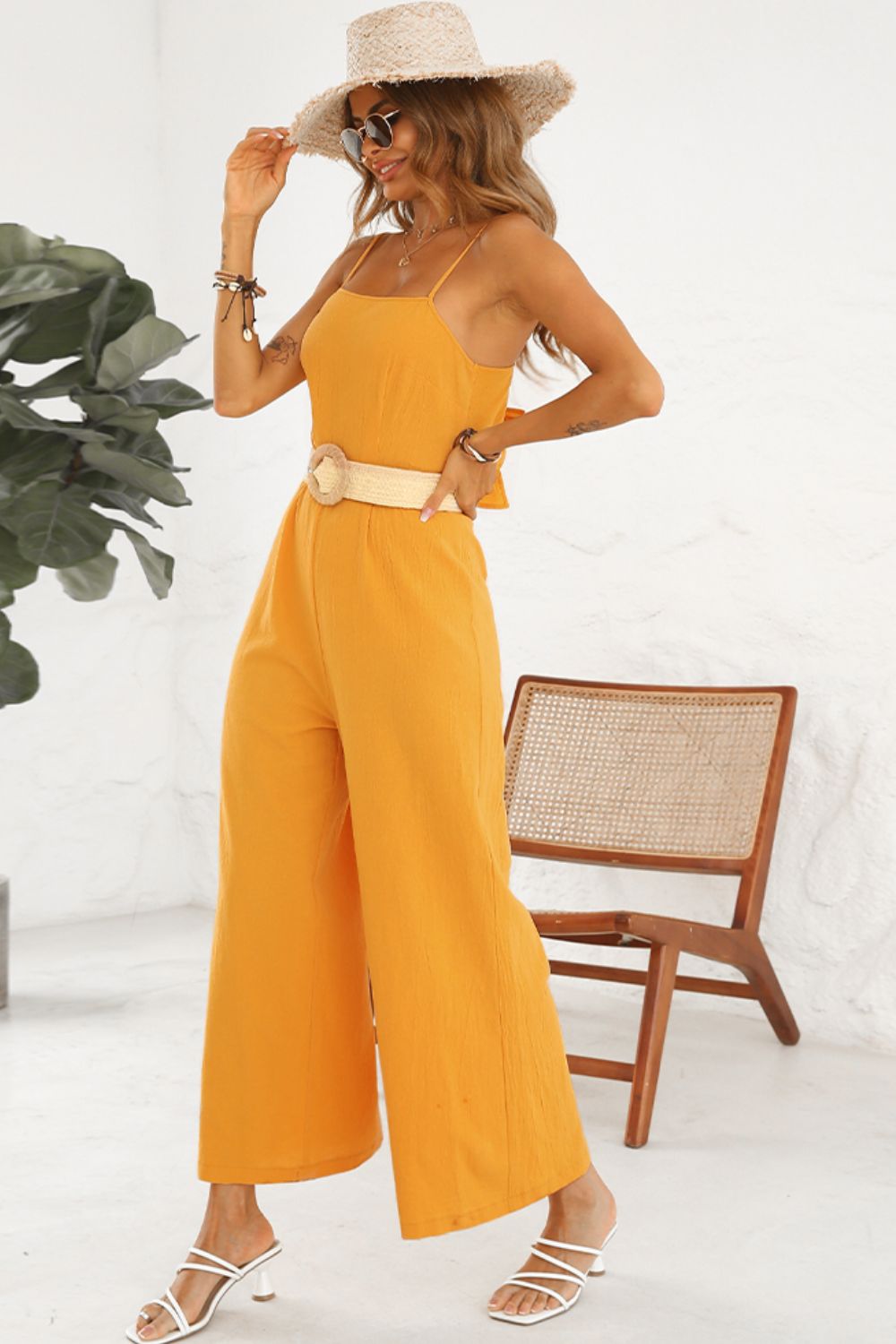 Cutout Spaghetti Strap Tie Back Wide Leg Jumpsuit