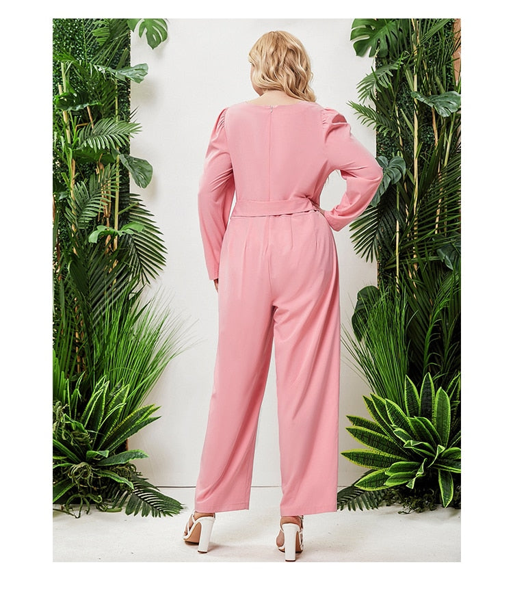 Elegant O-Neck Pink Tie Belt Button Down Fashion Long Sleeve Commuter Jumpsuit
